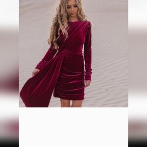 Luxurious Velvet Long Sleeve Dress in Deep Burgundy